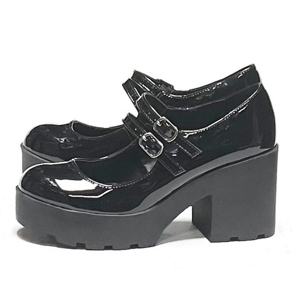 New Women's Black Patent Mary Jane School Girl Platform Heel Ballet Flats Pumps - Picture 2 of 6